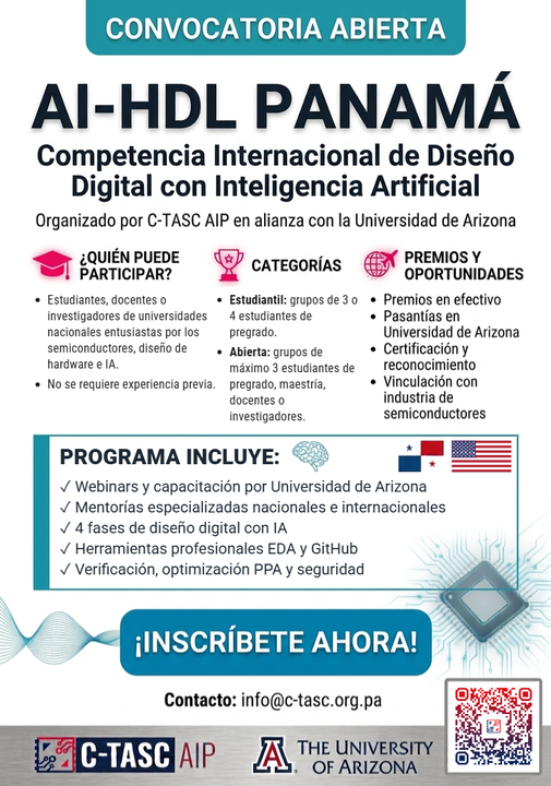 Afiche de la convocatoria AI-HDL Panamá: competencia internacional de diseño digital con inteligencia artificial, organizada por C-TASC AIP en alianza con la Universidad de Arizona.